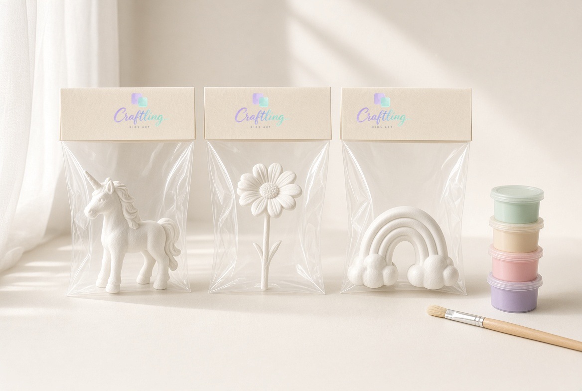 Paint-your-own plaster kit with mini paints and a brush, ready to open
