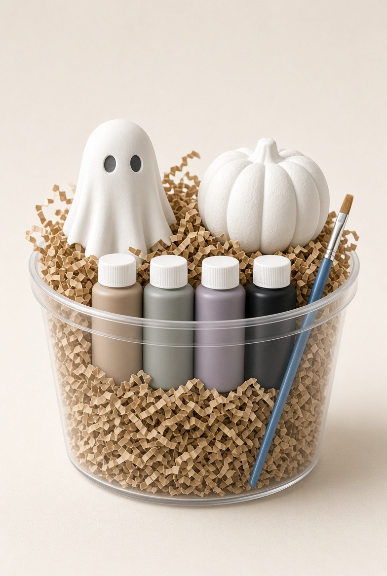 Seasonal bucket of paint-your-own plaster kits, themed for the season