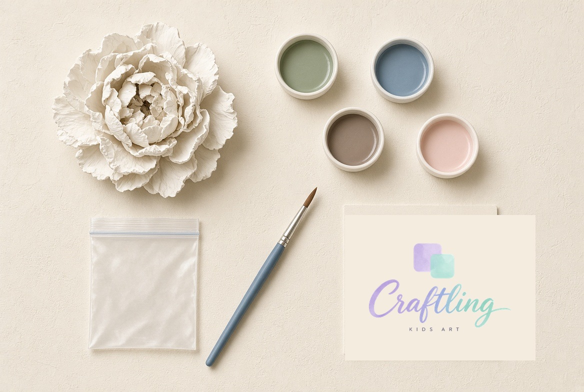 Flat lay of everything inside a Craftling Kids Art kit — plaster figure, paints, and brush