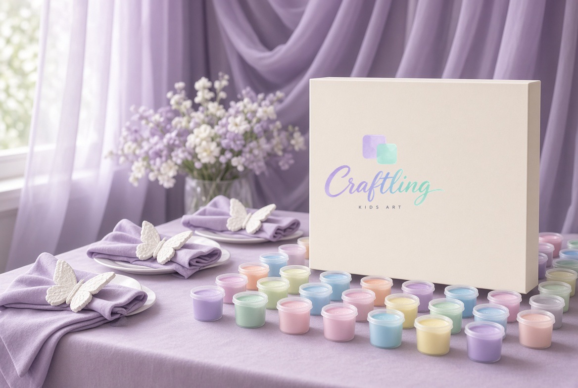 Party table set up with paint-your-own plaster kits for kids