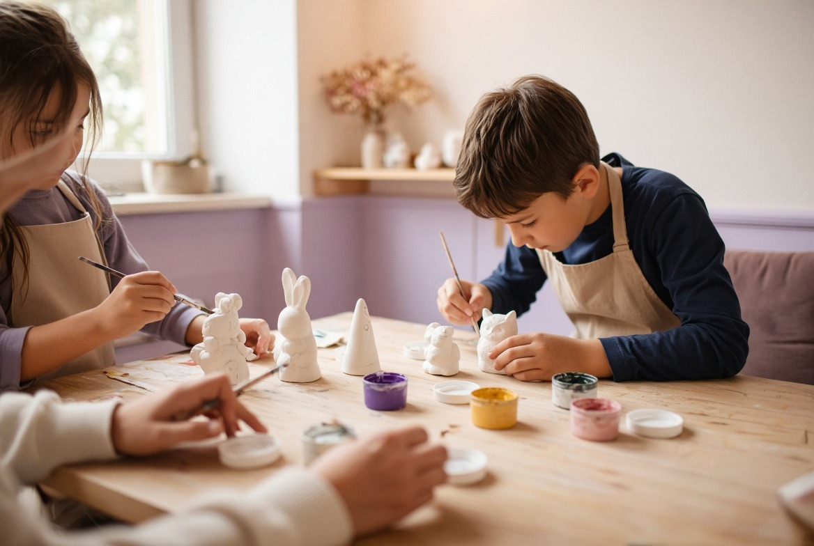 Kids painting plaster figures together at a hosted Craftling Kids Art workshop